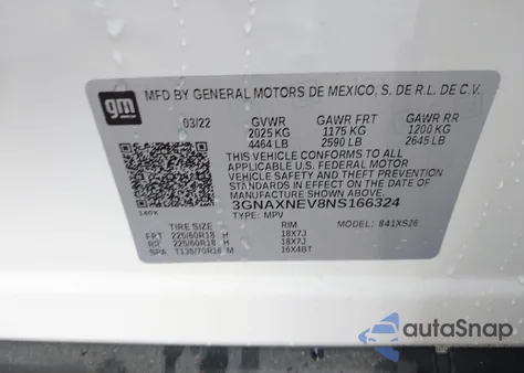 2022 Chevrolet Equinox Fwd Premier z USA, uszkodzony, nr VIN 3GNAXNEV8NS166324